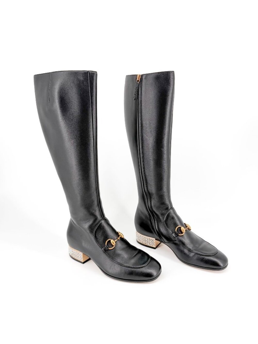 Gucci Mister Black Knee High Horsebit Crystal Heel Boots Size 37 US 7 Women's